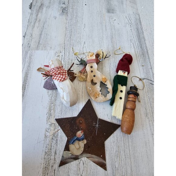 Snowman star wooden ornament set country folk art unique Xmas tree - Picture 1 of 10